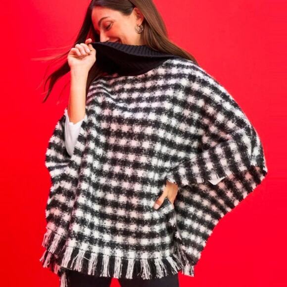 Chicos Woven Knit Poncho Sweater Womens S/M Black White Houndstooth Turtleneck - Picture 2 of 12